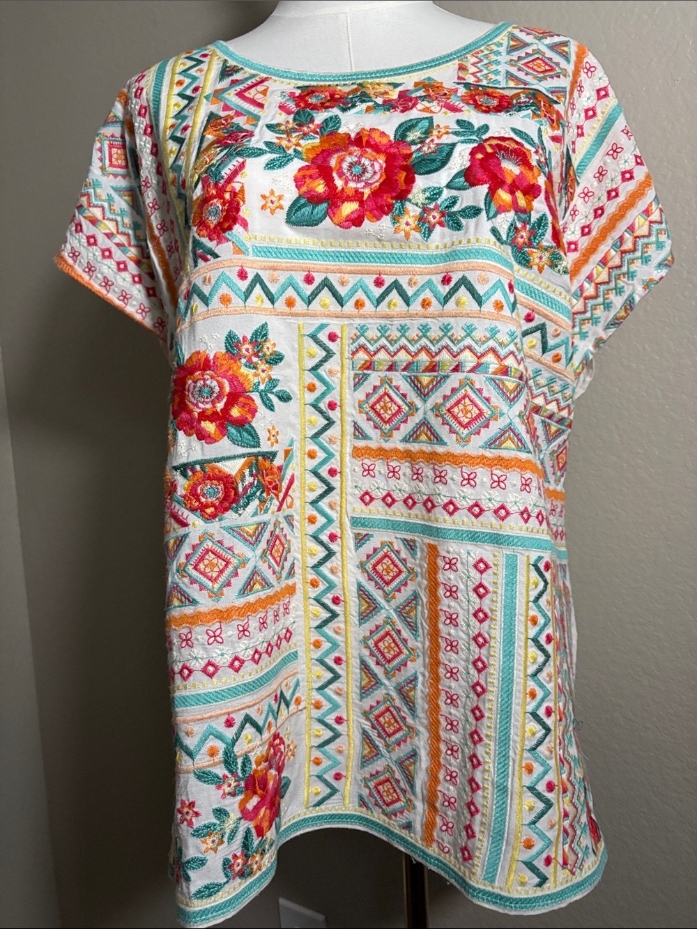 Savanna Jane White Tunic with Coral, Teal & Yellow Embroidery